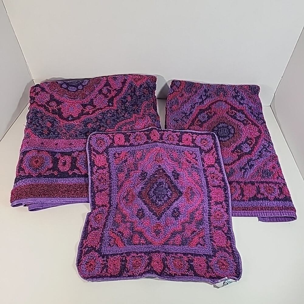 VTG MCM Fieldcrest 3 Piece Set Towel Hand Towel & Washcloth Purple Floral Rare